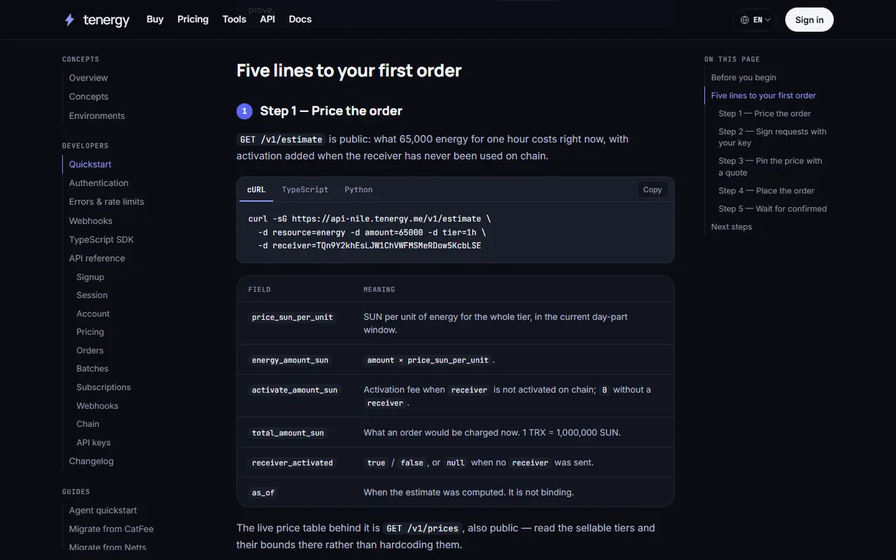 The quickstart page of the TEnergy docs: navigation on the left, code tabs in the middle, the page outline on the right